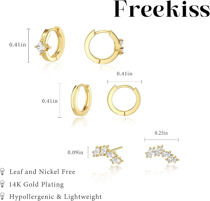 Freekiss 3 Pairs Gold Hoop Earrings Set: Dainty Stud Earrings Trendy Small 14K Gold Plated Hypoallergenic Dangle Cartilage Huggie Hoop Earrings for Women Gold Jewelry for Women Gifts