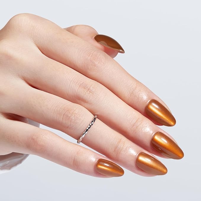 Modelones Gold Cat Eye Press on Nails Almond, Short Fake Nails, Reusable Nail Kit with Nail Glue Adhesive Tabs Mini Nail File, Nails Press Ons 32Pcs 16 Sizes, Women Girl Gift