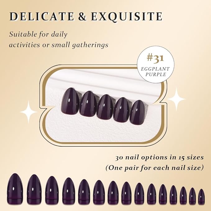 evpct Dark Purple Press on Nails Short Almond, Glossy Eggplant Purple Fake Nail for Women Gift with Kits, Salon Quality Soft Gel Stick on False Acrylic Nails Reusable Full Cover with Manicure Kit