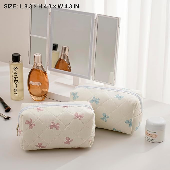 Cute Floral Makeup Bag Small Cotton Quilted Cosmetic Bag, Aesthetic Essential Bag Emergency Bag Gift for Women Girls Travel Accessories (Two Pack: (Blue Floral+Pink Small Bowknot)