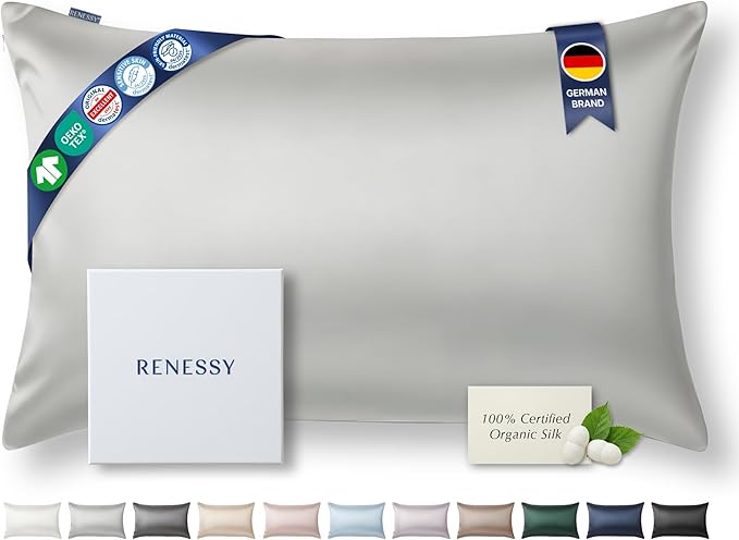 RENESSY Premium Silk Pillowcase 100% Organic Mulberry Silk, 22 Momme, Grade 6A - Oeko-Tex Certified in Germany - Luxury for Hair & Skin, 1 Piece (Standard Size 20x26 Inches, Light Grey)