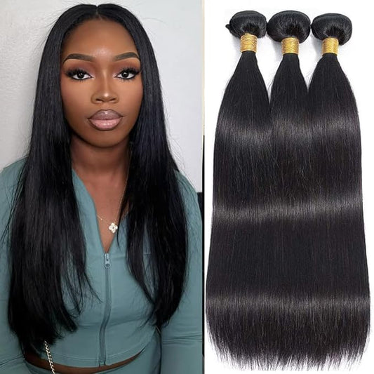 12A Straight Bundles Human Hair, Unprocessed Brazilian Virgin Weave 3 Bundles Human Hair Straight 14 16 18 Inch, 300g/Pack Double Weft Sew In Hair Extensions