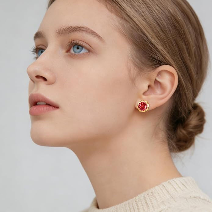 Cubic Zirconia Stud Earrings for Women | Rose Cut Simulated Diamond Earrings in 14K Gold Plated Sterling Silver Posts | Hypoallergenic Vintage Style | Wedding, Luxury Gift for Her