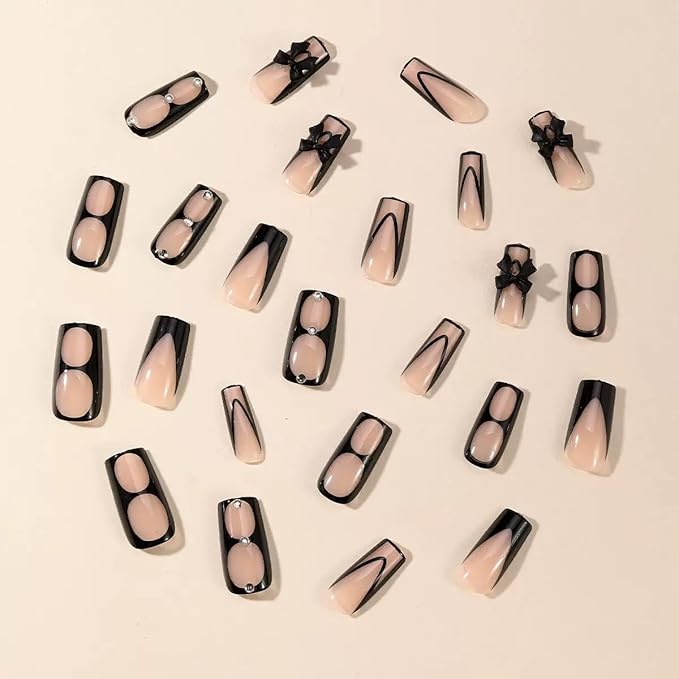 CTTHNBD Press on Nails Square - Black French Tip Fake Nails with Bow Rhinestone Design - Glossy Medium False Nails Press Ons- for Women Manicure 24 Pcs