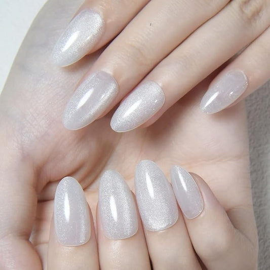evpct Cat Eye Press on Nails Almond Short, Cat Eye Stick on Nails Press on, Pearl White Glitter Short Almond Press Stick on Nails, Fake Nails Press ons with Kits, 30Pcs Reusable Acrylic Fake Nails Kit