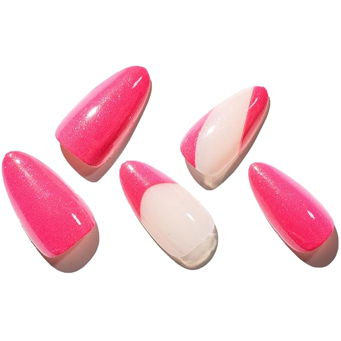 GLAMERMAID Pink French Tip Press on Nails Medium Almond, Nude Gel False Nals, Jump Color Stiletto Glossy Glue on Nails Kit for Women, Reusable Short Oval Stick on Acrylic Fake Nails Manicure Set