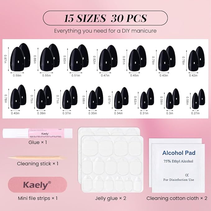 evpct Glossy Press on Nails Short Almond Short for Women, Black Fake Nail with Kits Salon Quality Reusable Stick on Nails In 15 Sizes 30Pcs Full Cover False Nail Soft Gel Set Kit for Gift, 29