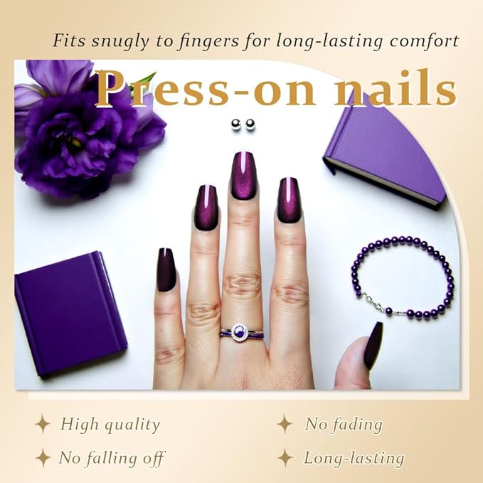 evpct Dark Purple Cat Eye Coffin Press on Nails Square Medium, Medium Square Stick on Nail for Women Gift, Dark Purple Metallic Glitter Glossy Reusable Soft Gel Press on Acrylic Fake Nail with Design