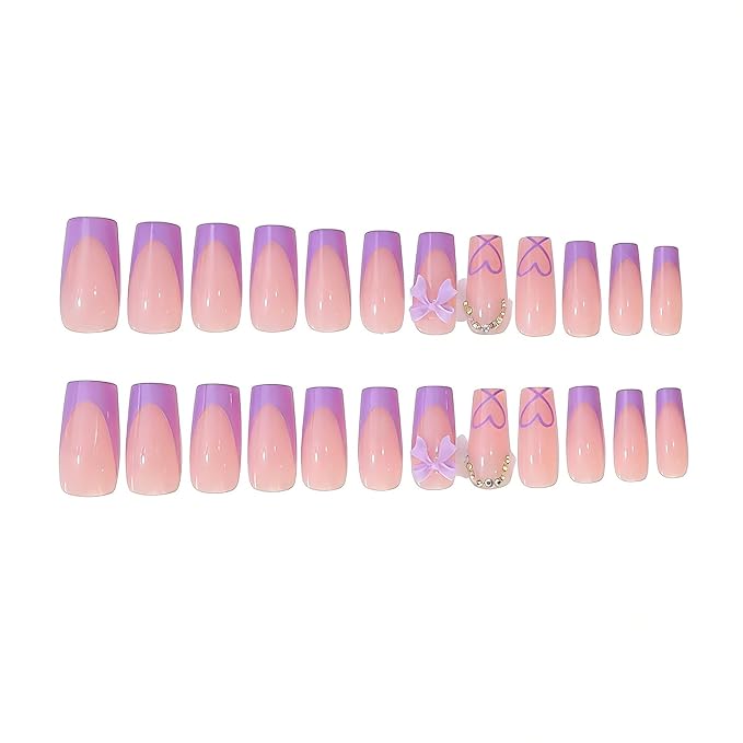 CTTHNBD Medium Press on Nails Coffin - Purple French Tip Fake Nails with Bow Charms Design - Heart False Nails Press ons - for Women 24 Pcs