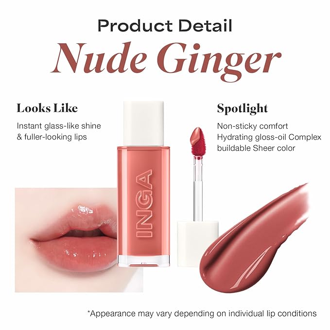 INGA Water Glow Lip Tint | Hydrating, Glossy Korean Lip Tint with Sheer Color & Glass-Like Shine | Long-Lasting, Non-Sticky Korean Lip Stain (NUDE GINGER)