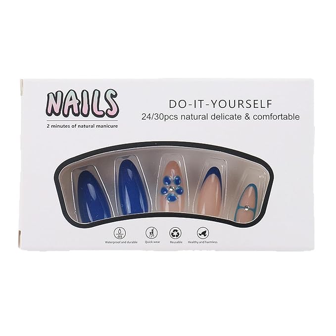 24Pcs Blue Hand-painted Carved Nails for Summer, French Blue Floral Nails Sweet Almond Press Ons Medium-Short Stick on Nails Fake Nails Set Rhinestones Nail For Women