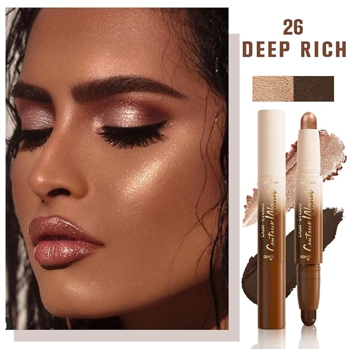 Dual-Ended 2-in-1 Cream Contour & Highlighter Stick Makeup For Face & Body – Waterproof, Long-Lasting, Suitable for All Skin Tones, 06#Black Cocoa + Bronzer Shimmer
