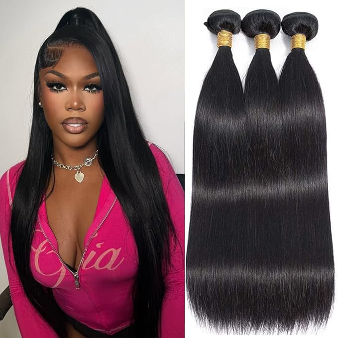 12A Straight Bundles Human Hair, Unprocessed Brazilian Virgin Weave 3 Bundles Human Hair Straight 24 26 28 Inch, 300g/Pack Double Weft Deals Human Hair Extensions