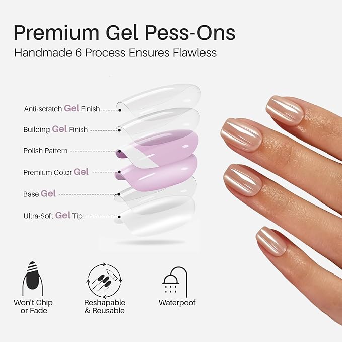 SHANGMENG Nude Chrome Press on Nails Square - Soft Gel Short Press on Nails for Women Gift, Fit Perfectly & Natural Glue on Nails in16 Sizes - 32 Reusable Fake Nails with Glue, Aurora Nude