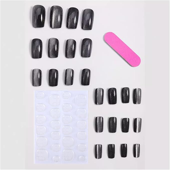 SHELWIN French Press On Nails Ready-To-Wear DIY Manicure Stick On Cat Eye Nails kit for Women 24 Pcs Short Medium Coffin Almond Shaped False Nails Gifts（Black）