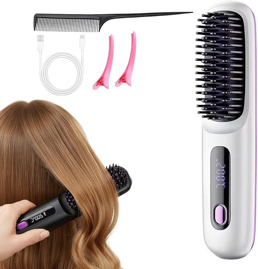 2026 New Cordless Hair Straightening with LCD Temperature Display, Fast Heating, Portable Hair Brushs for Travel (White)