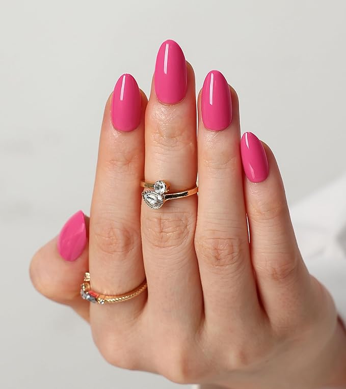 Morily 30Pcs Hot Pink Press on Nails Almond, Short Fake Nails Glossy Acrylic False Nails Reusable Full Cover Stick on Nails for Women, 15 Sizes, Thicker Fingertips