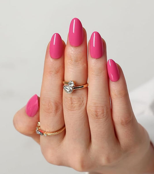 Morily 30Pcs Hot Pink Press on Nails Almond, Short Fake Nails Glossy Acrylic False Nails Reusable Full Cover Stick on Nails for Women, 15 Sizes, Thicker Fingertips