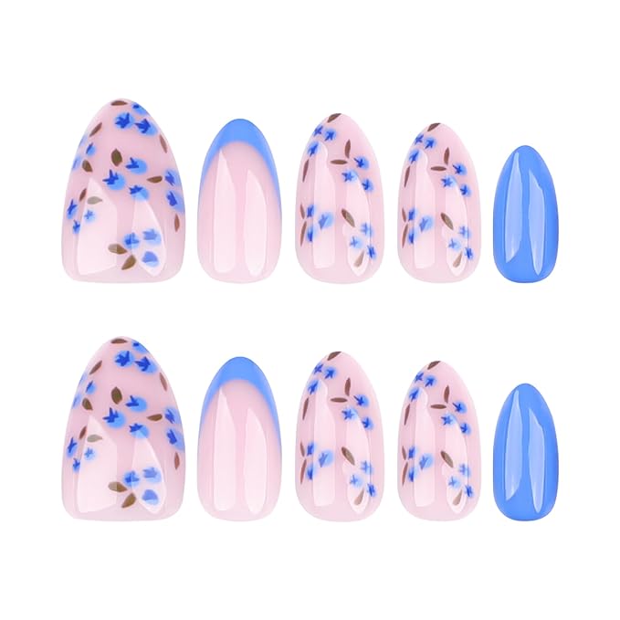 XZMeiLun Press On Nails Spring Summer Acrylic Nails for Women - Blue Flower Designer Fake Nails Short Almond 24PCS, Blueberry Gel with Glue, Outdoor Picnic/Wedding/Party Reusable Stick On Nails Gift