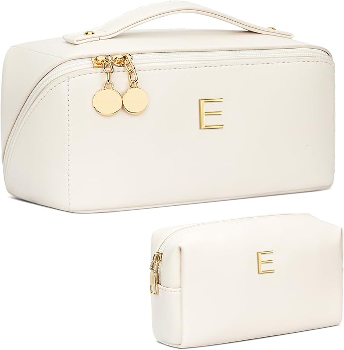 Valentines Day Gifts for Women Teen Girl, Personalized Initial Makeup Organizer Bag Set, Open Flat Travel Cosmetic Bag With Clear Divider and Handle(Large-Beige,E)