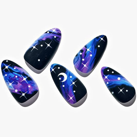 GLAMERMAID Black Press on Nails Medium Almond, Dull Blue Ombre Crush Nails, Galaxy Star Design Stiletto Fake Nails, Short Oval Stick Glue on Nails Tips for Women, Reusable Acrylic False Nail Kits