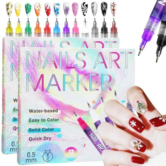 12 Colors Nail Art Pens Set, Nail Art Markers Polish Pen for 3D Nail Art, Drawing Painting Liner Brush for DIY Nail Art Beauty Adorn Manicure Tools (2 box of 12 colors)