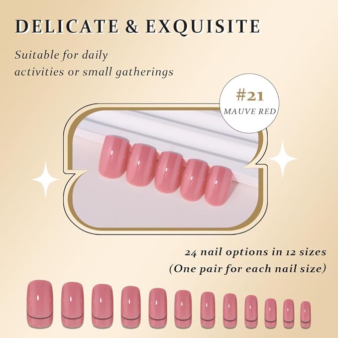 evpct Mauve Red Short Squoval Glossy Press on Nails for Women Gift, Glossy Mauve Red Fake Nail with Nail Kit Manicure Kit, Soft Gel Full Cover Reusable Stick on Acrylic False Nails Perfectly Fit