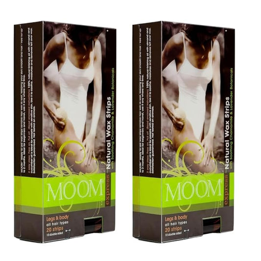 MOOM Express Wax Strips with Chamomile & Lavender, Hair Removal Kit with Finishing Oil – Legs, Bikini, Face & Body, 10 Double-Sided Strips (2 Pack), 40 Count
