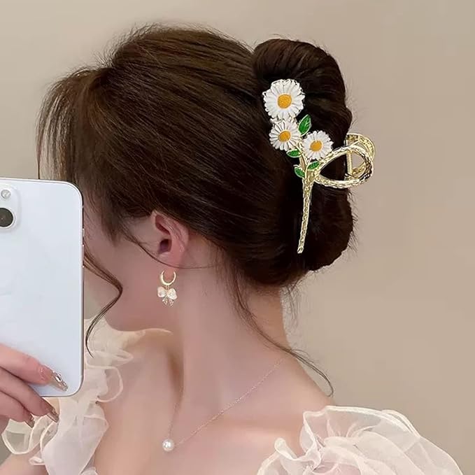 Large Metal Daisy Flower Hair Clips for Women - 2Pcs Sparkly Non-Slip Butterfly Jaw Clips for Strong Hold