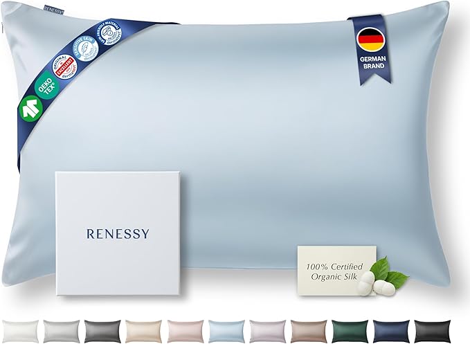 RENESSY Premium Silk Pillowcase 100% Organic Mulberry Silk, 22 Momme, Grade 6A - Oeko-Tex Certified in Germany - Luxury for Hair & Skin, 1 Piece (King Size 20x36 Inches, Cloud Blue)