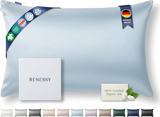 RENESSY Premium Silk Pillowcase 100% Organic Mulberry Silk, 22 Momme, Grade 6A - Oeko-Tex Certified in Germany - Luxury for Hair & Skin, 1 Piece (Queen Size 20x30 Inches, Cloud Blue)