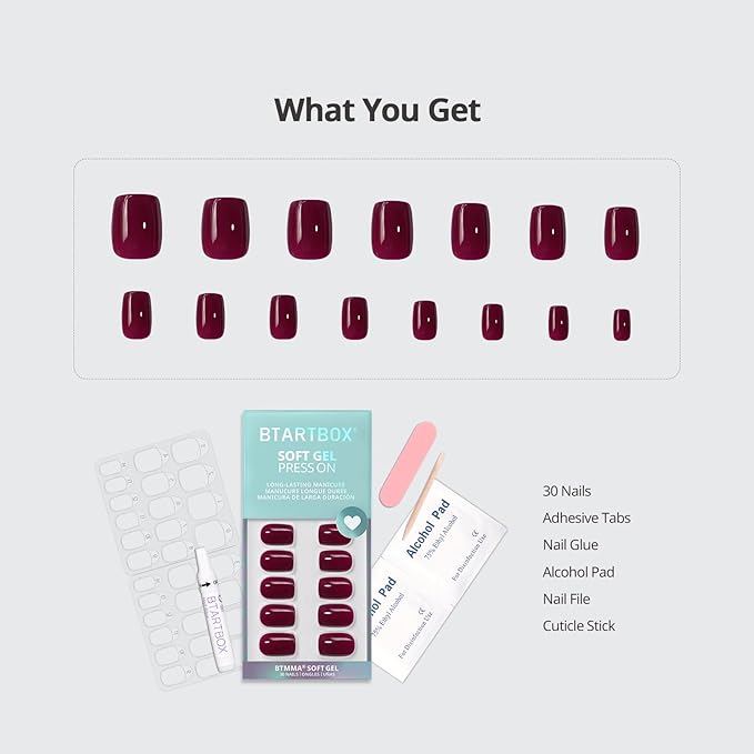 BTArtbox Press On Nails Short - Plum Red Squoval Press On Nails with Glue for Women, Opaque Soft Gel Glue On Nails in 15 Sizes - 30 Stick On Nails Kit, Blackberry