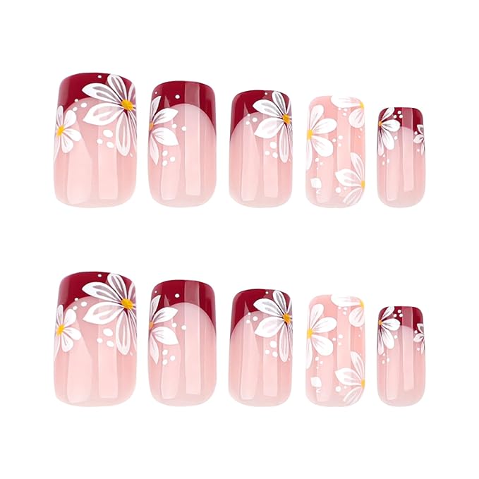 XZMeiLun Red French Tip Press On Nails Spring Summer Acrylic Nails for Women - White Flower Designer Fake Nails Short Square 24Pcs, Outing/Party Reusable Glue On Stick On Nail Gift For Women