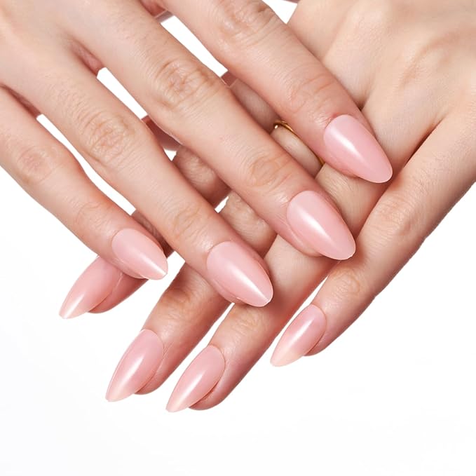GLAMERMAID Light Pink Nude Press On Nails Short Almond, Translucence Coral Glossy Handmade Soft Jelly Gel Fake Nails, Pure Round Oval Stick Glue on Nails Kit for Women, Reusable Acrylic False Nail Set