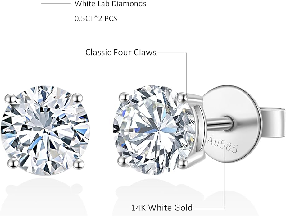 14K White Gold Lab Grown Diamond Stud Earrings, 0.5-2.00 Ct Round IGI Certified, E-F Color VS1-VS2 Clarity, Push Back Setting