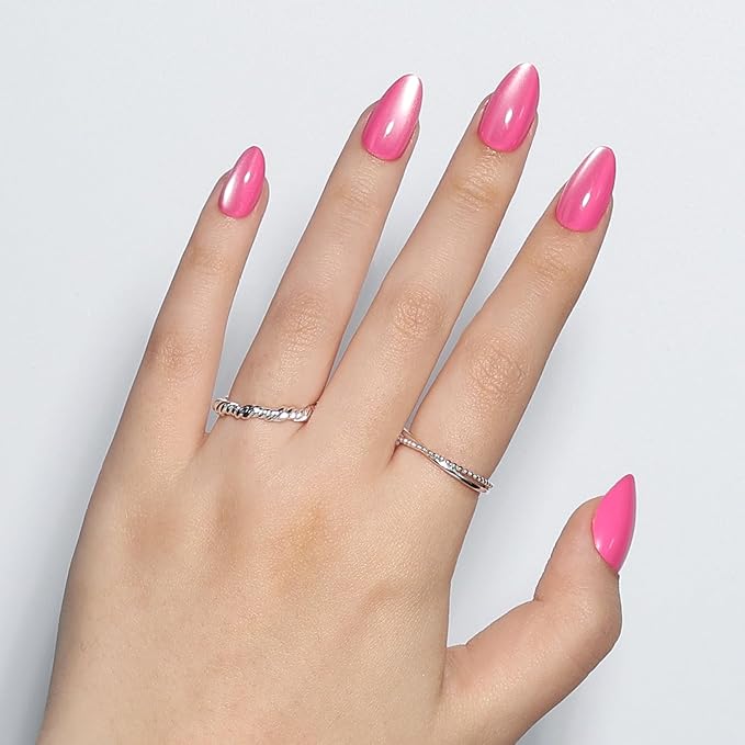 Leefrei Cat Eye Press On Nails - Glazed Candy Pink Press On Nails Short Almond Nails Press Ons for Women Fake Nails with Glue, Glossy Reusable Glue on Nail in 16 Sizes - 32pcs, Pink Stardust