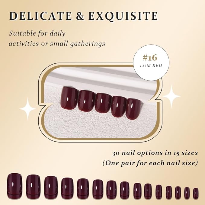 evpct Wine Red Glossy Press on Nails Short Square Nails for Women Gift, Dark Red Glossy Fake Nail with Kits, Soft Gel Reusable Stick on Acrylic Nail Full Cover Perfectly Fit Durable Salon Quality