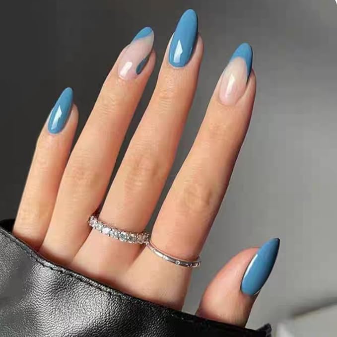 SHELWIN French Press On Nails Ready-To-Wear DIY Manicure Stick On Nails kit for Women 24 Pcs Short Medium Coffin Almond Shaped False Nails Gifts（Blue Mirage）