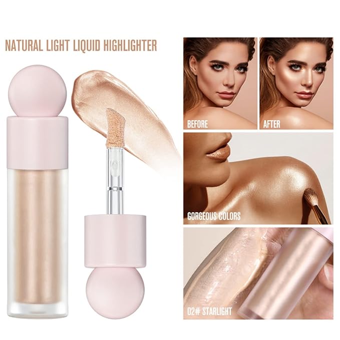 Liquid Highlighter Makeup Face Highlighters & Luminizers, Highlighters Makeup for Long Lasting Shimmer Natural Glow, Body Highlighter Easy to Apply with Cushion Applicator (#2 Starlight)