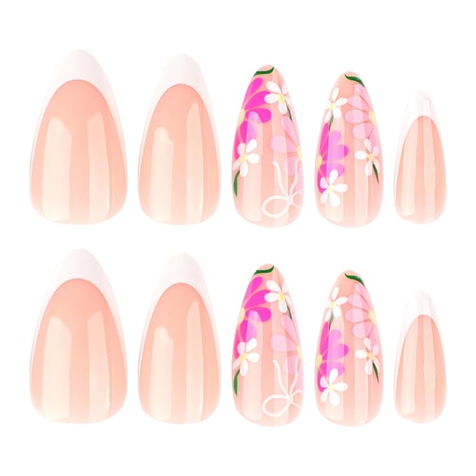 XZMeiLun French Tip Press On Nails Spring Summer Acrylic Nails for Women - Purpl Flower Designer Fake Nails Short Almond 24Pcs, Outdoor Picnic/Wedding/Party Reusable Glue On Stick On Nails