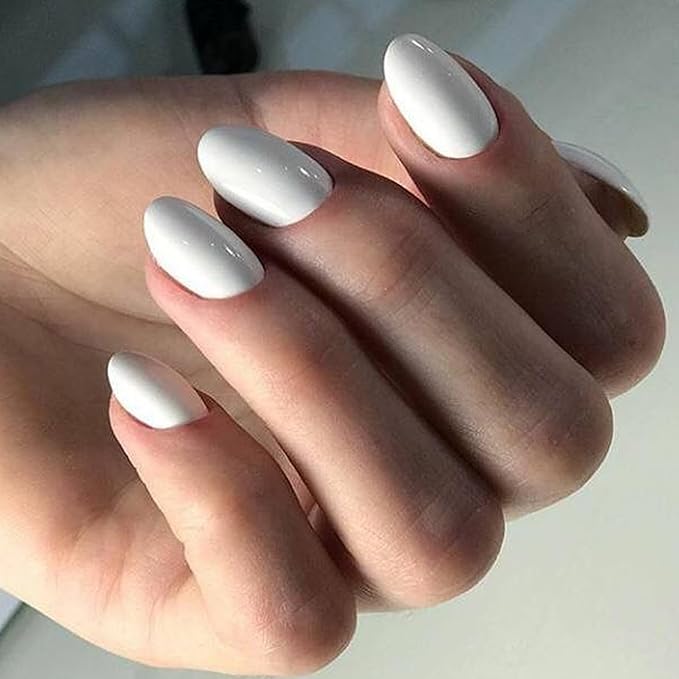 modelones Short Press on Nails, Oval Fake Nails Kit Press Ons with Nail Glue, Adhesive Tabs, Nail File, Prep Pad, Manicure Stick, 32Pcs 16 Sizes, Elegant White, Valentines