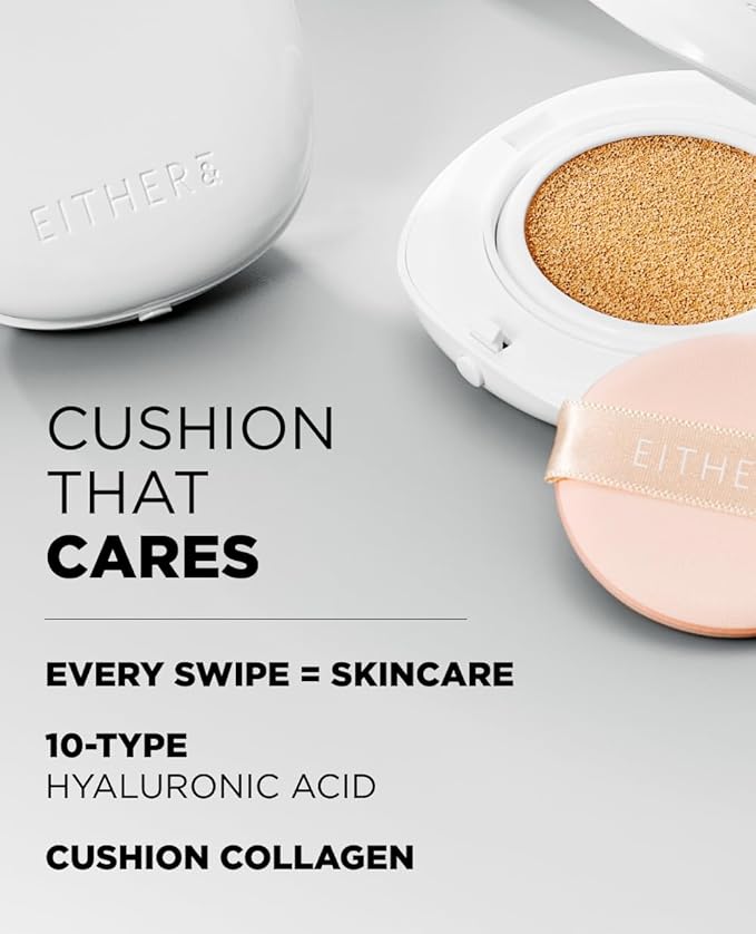 EITHER& Glow Pixel Cushion Foundation, Skincare Formula, Dewy Glass Skin, Lightweight & Long-Lasting 100H Wear, Buildable Hydrating Korean Cushion (21N Natural, 12g)