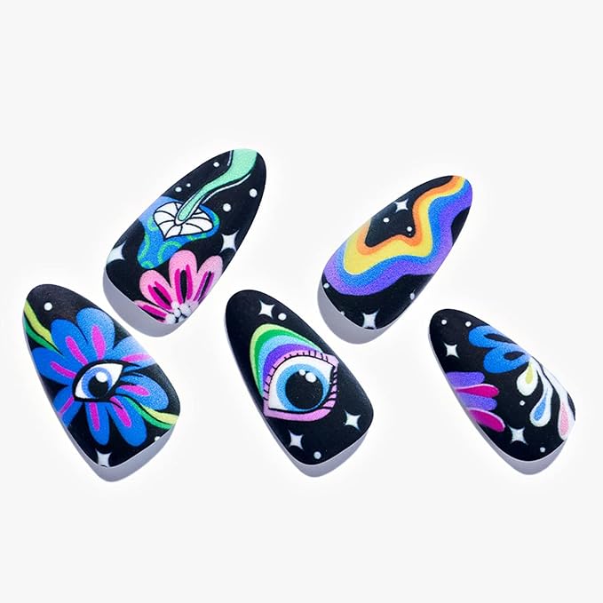 GLAMERMAID Press on Nails Medium Almond, Halloweenr Gothic Cute Cartoon Gel Glue on Nail, Matte Short Stiletto Reusable UV Finish Fake Nails Acrylic False Nails Manicure Kits for Women