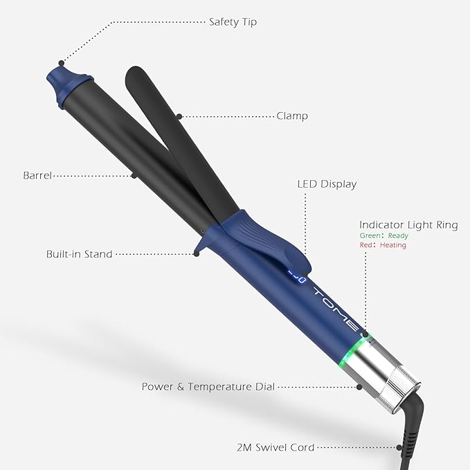 1.25 Inch Oval Curling Iron with Clamp, 6-Level Dial Temp Control 180–450℉, Tourmaline Ceramic, Fast PTC Heating, 100–240V Dual Voltage Long Barrel Curler