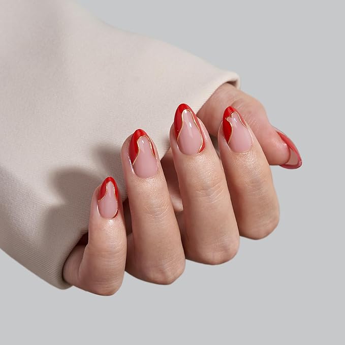 BTArtbox French Tip Press On Nails - Short Almond Red Valentines Press On Nails with Glue and Adhesive Tabs for Women in 16 Sizes - 32 Soft Gel Glue On Nails Kit, Wildfire Waves