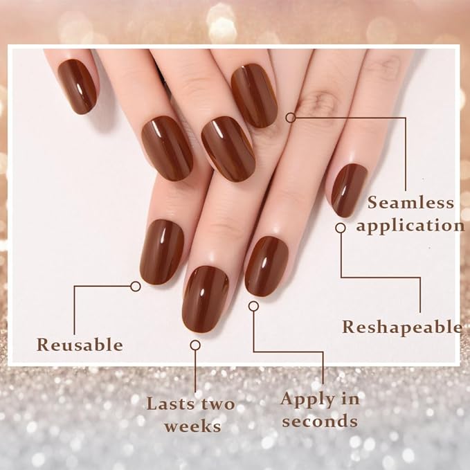 evpct Nude Brown Medium Oval Glossy Press on Nails for Women Gift, Glossy Nude Brown Fake Nail with Kits Manicure Kit, Soft Gel Full Cover Reusable Stick on Soft Acrylic False Nails Perfectly Fit