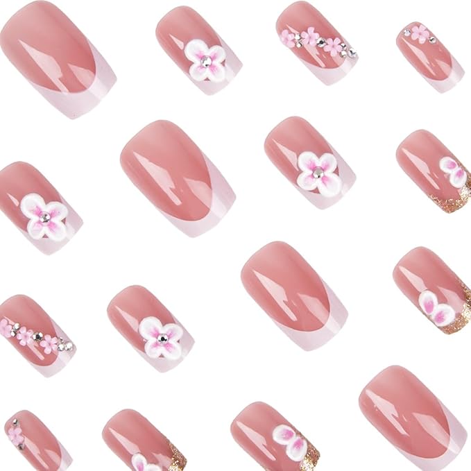 Medium Press on Nails Square - White French Tip Fake Nails with Flower Design - Floral Charms False Nails Press ons - for Women Manicure 24Pcs