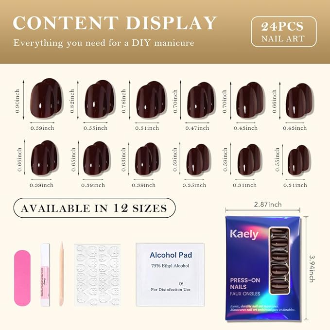 evpct Black Cocoa Medium Oval Glossy Press on Nails for Women Gift, Glossy Black Cocoa Fake Nail with Kits Manicure Kit, Soft Gel Full Cover Reusable Stick on Soft Acrylic False Nails Perfectly Fit