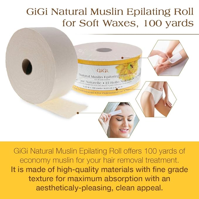 GiGi Epilating Muslin Roll – Wax Strips for Hair Removal, Natural Muslin Wax Roll for Face & Body, 3.25-inch x 100 yards