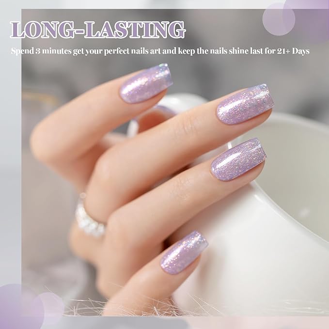 RARJSM Light Purple Glitter Gel Nail Polish Blue Green Big Rainbow Flakes Finish Shimmer Gelpolish 15ml Soak Off Sheer Jelly Tone Color Home Salon French Manicure Varnish Curing Requires